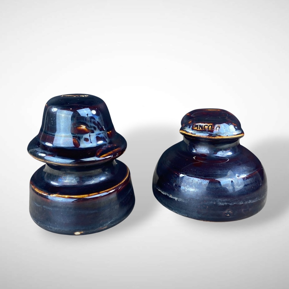 PINCO Porcelain Insulators 1940s Set of 2 Y & G Brown Glaze Saddle Top & Tiered